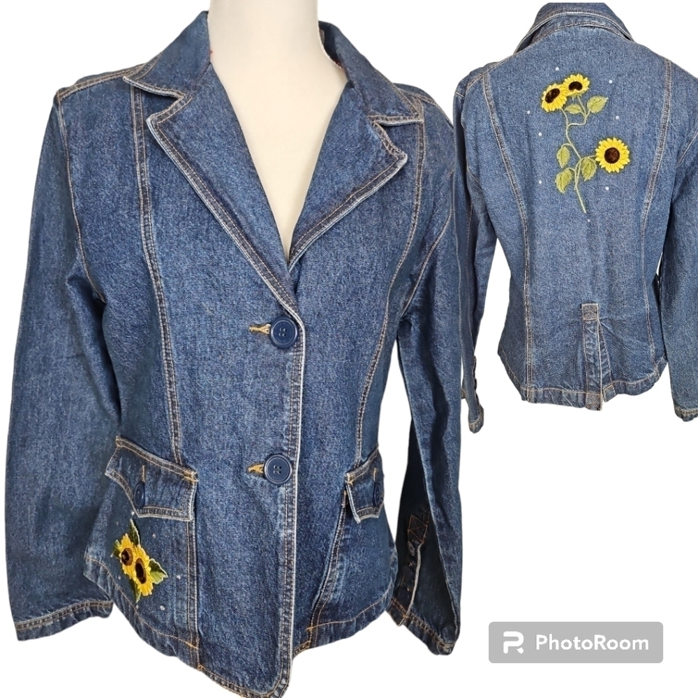 Vintage Bill Blass Denim Jacket Embelleished Sunflowers NWT Deadstock Medium